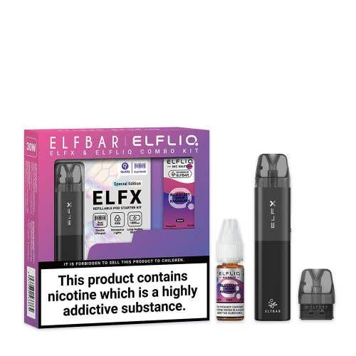 Elf Bar ELFX Pod Kit + Elfliq Nic Salt Combo Kit - Black with Blueberry Sour Raspberry 10mg