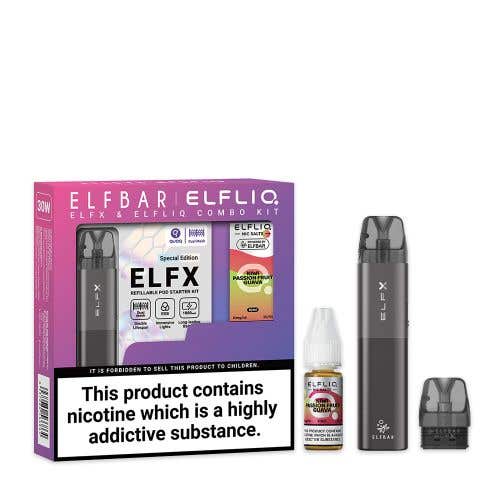 Elf Bar ELFX Pod Kit + Elfliq Nic Salt Combo Kit - Grey with Kiwi Passion Fruit Guava 10mg