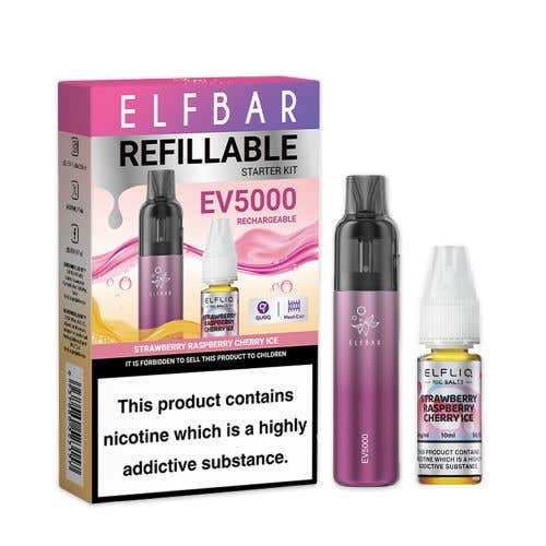 Elf Bar EV5000 Refillable Rechargeable Disposable Pod Kit - Strawberry Raspberry Cherry Ice