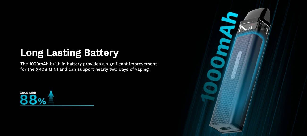 The upgraded, 1000mAh battery allows up to two days of vaping between charges