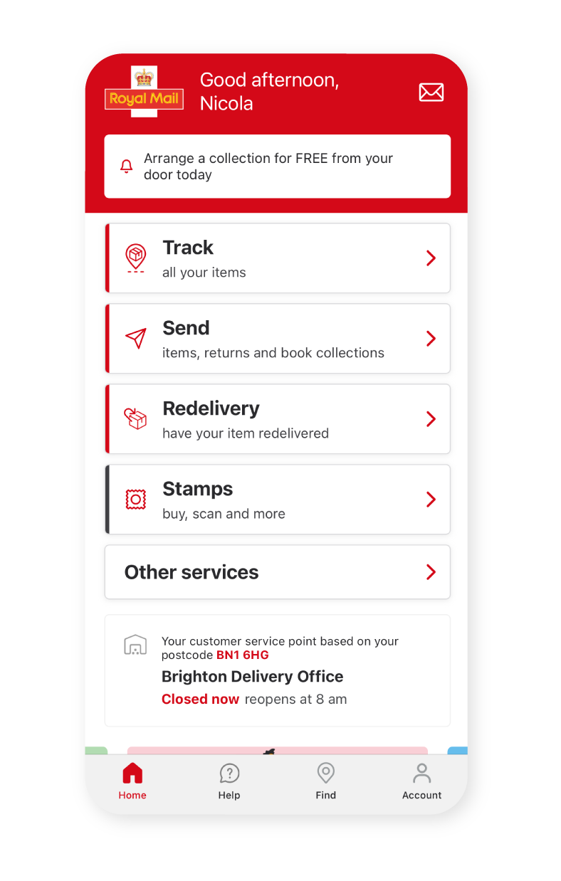 Navigate the Royal Mail app