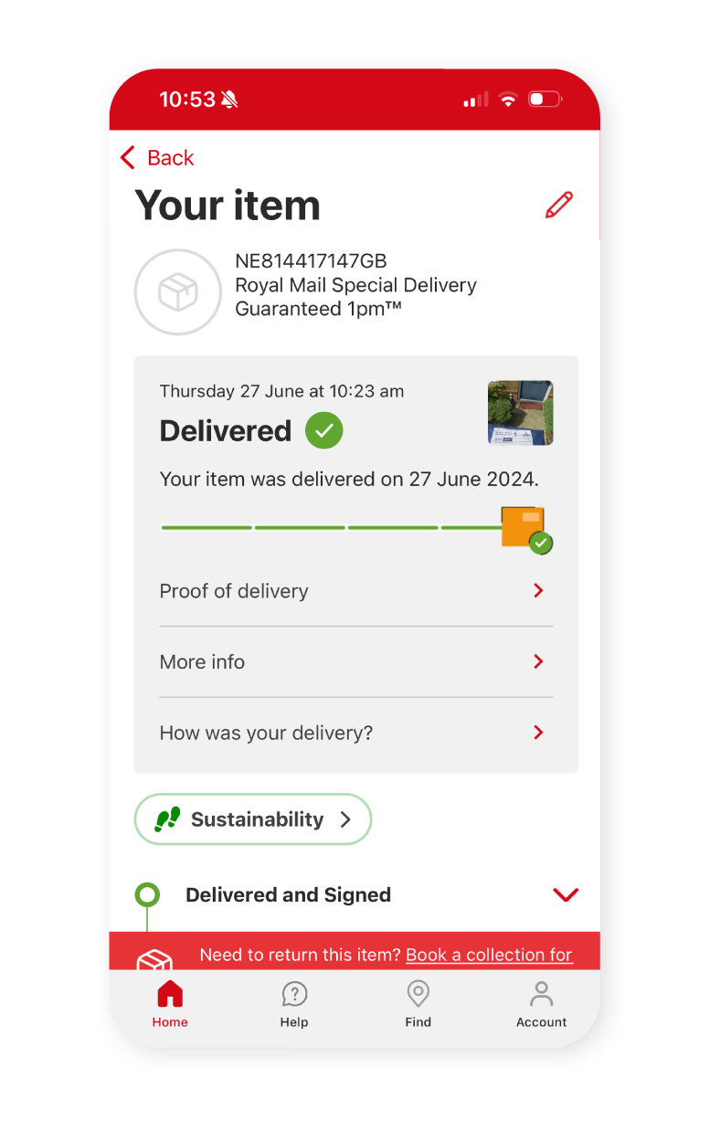 Track your delivery in the Royal Mail app