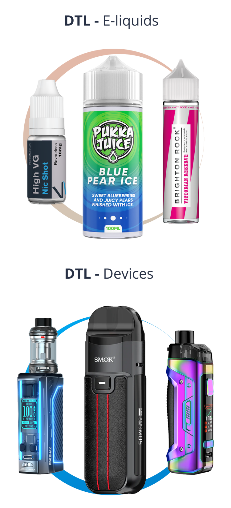 Image of common DTL vaping e-liquids and devices