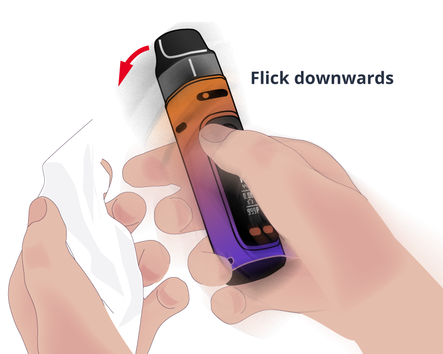 Image showing someone flick device to remove excess vape juice from the coil