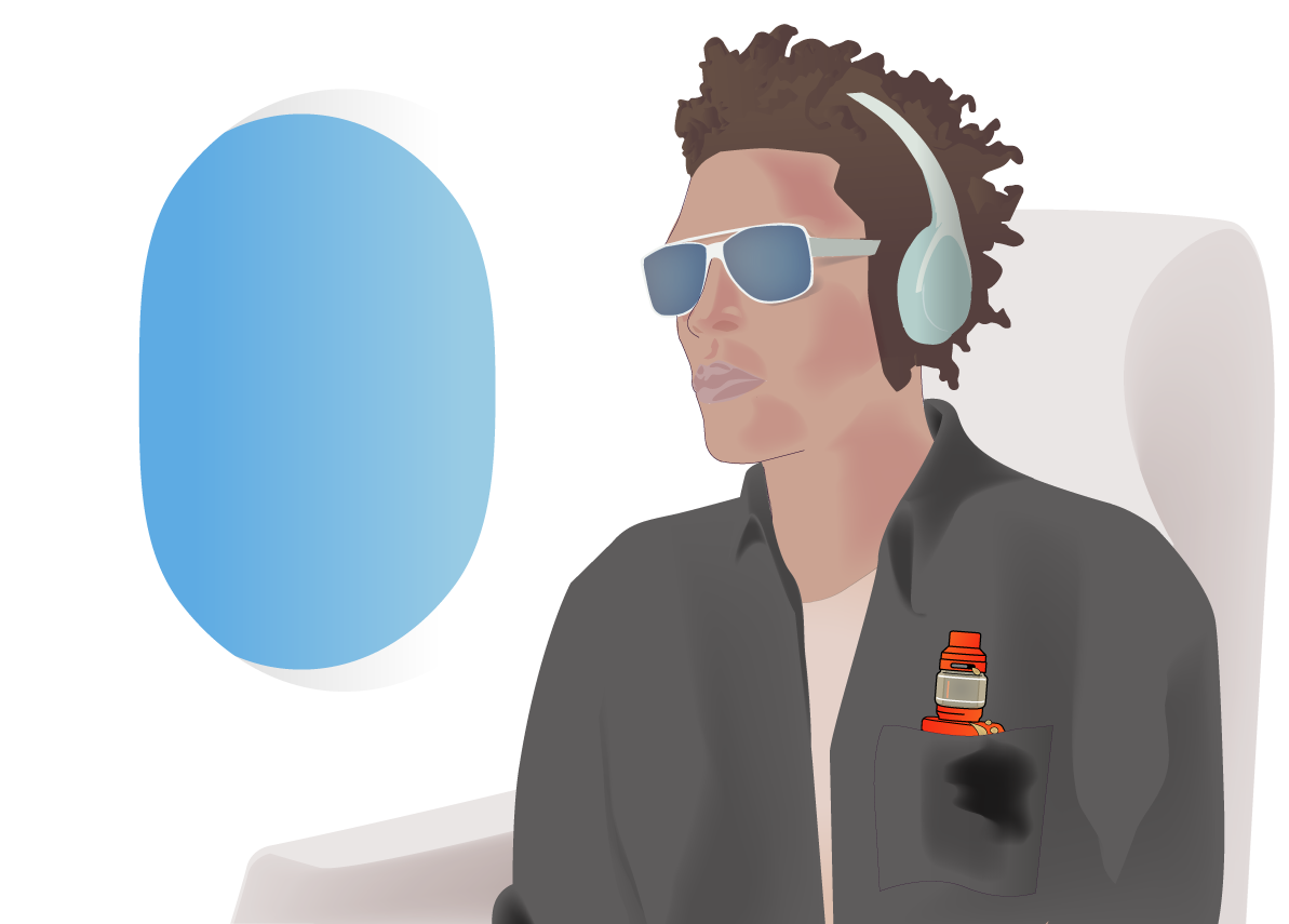 Man on plane with vape kit leaking e-liquid into pocket
