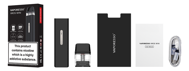 1 x XROS Mini pod system / 1 x 1.2ohm refillable pod / 1 x USB-C Cable / 1 x User Manual / 1 x Warranty card