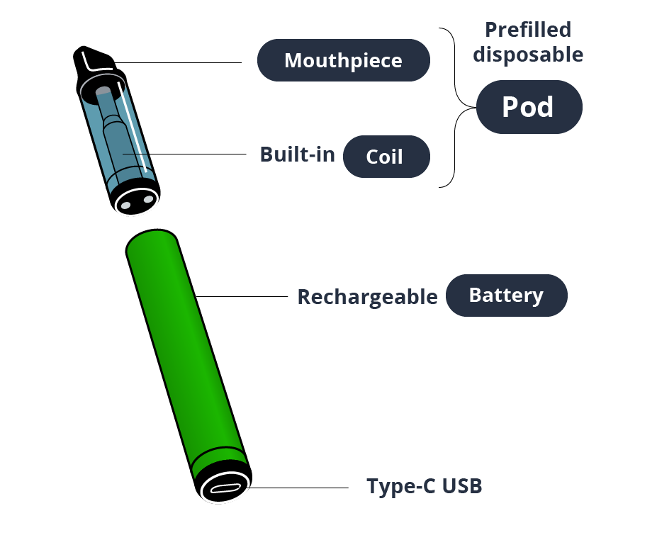 The key components of prefilled pod vape kits.
